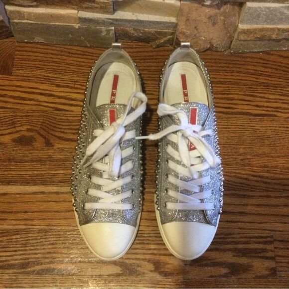 PRADA Silver Clitter Stud Low Top Sneakers - Picture 2 of 8